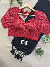 Black Handloom Khadi Cotton Saree With Ajrakh Print Stitched Blouse